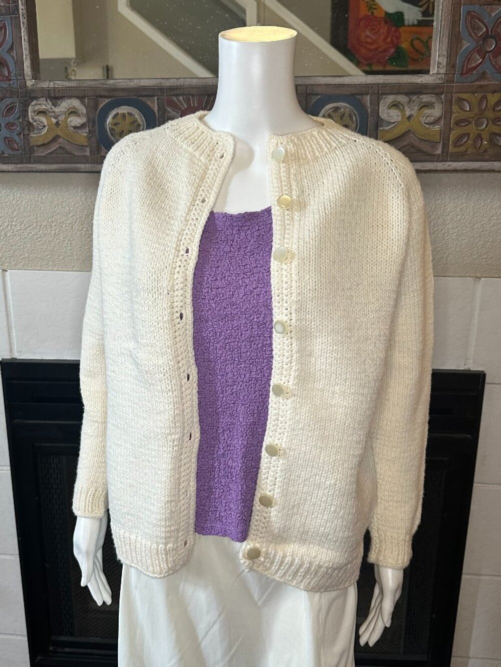 Hand Knitted LARGE Vanilla White Chunky Knit Heavy Button Up Cardigan Jacket
